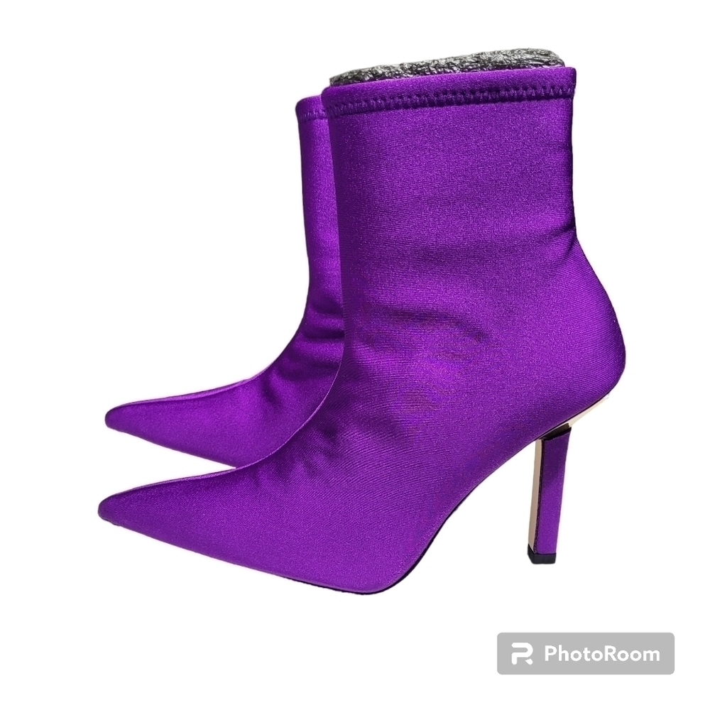 Good American Purple Neoprene Pointed Toe Mid Calf High Heel Boots Size 7.5